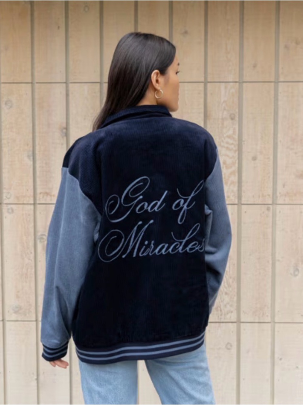 God of Miracles Two-Tone Corduroy Varsity Jacket - Navy & Slate